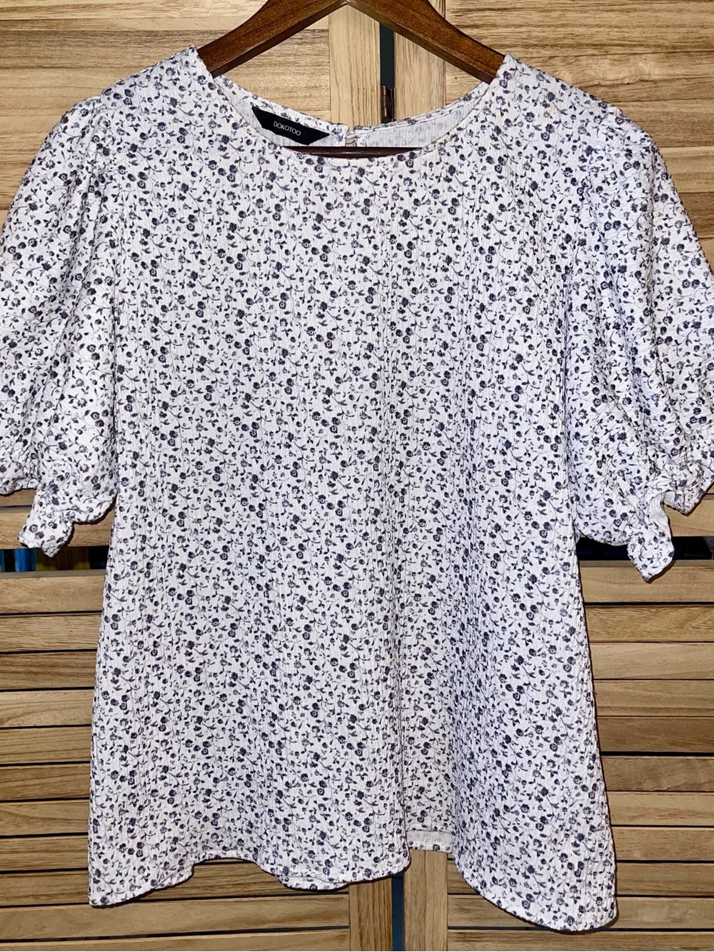 Dokotoo Relaxed Coquette Cottagecore Blue and White Floral Puff-Sleeve Top L - Picture 2 of 11